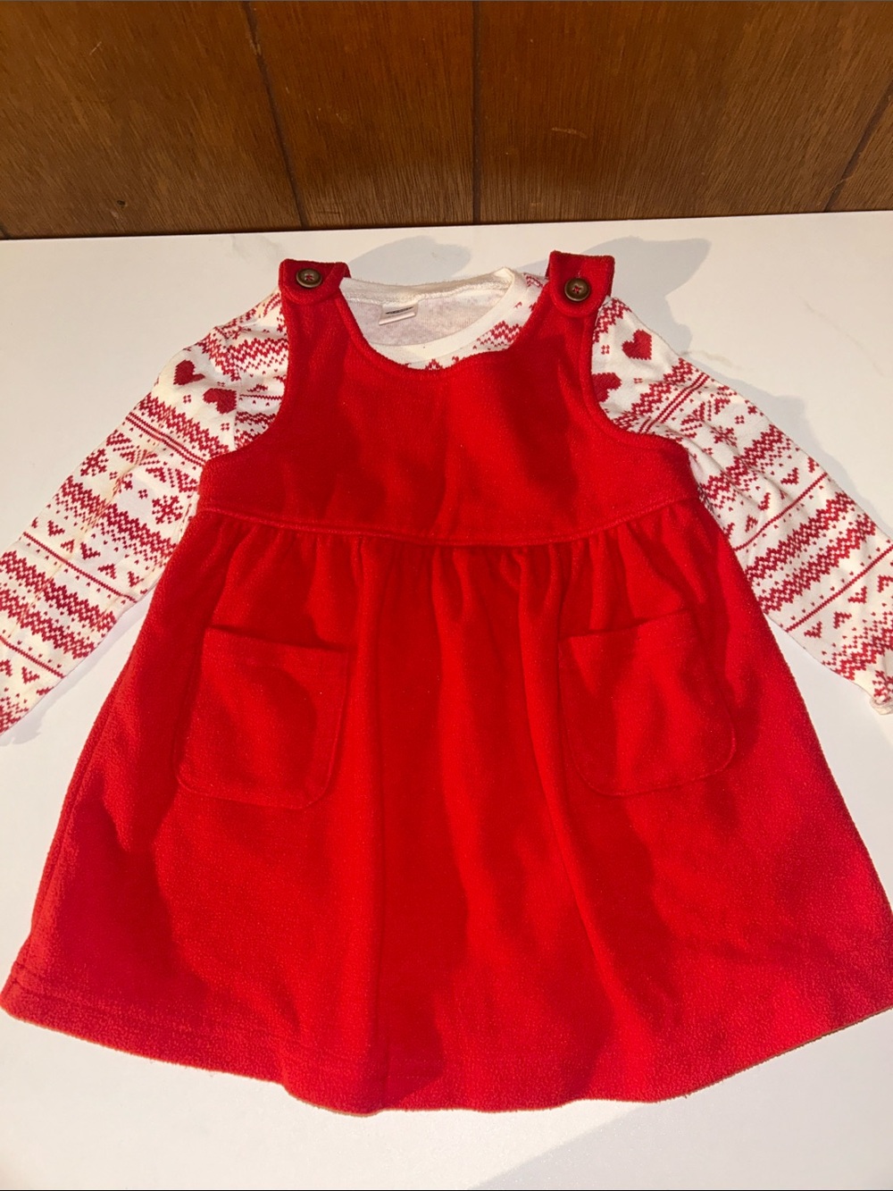 3/$25 Old Navy | Red Fleece Pinafore Dress with White & Red Knit Top